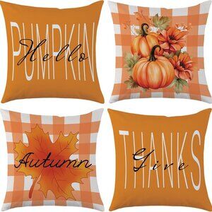 Hello Pumpkin Fall Throw Pillow Covers 18x18 Set of 4 Give Thanks Autumn Pillow